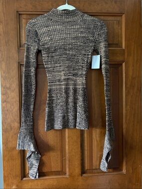 Live the Process Ribbed Flared Hem Long Sleeve Top - Brown Heather